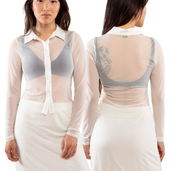 (NWOT) NLT Collared Mesh Sheer Button-Down Long Sleeve Blouse (White) - Picture 1 of 14